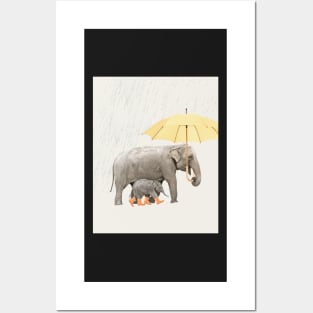 Elephant mother and baby under the rain Posters and Art